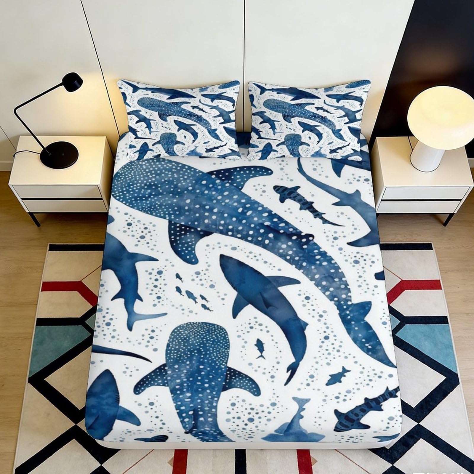 3D Printed Blue Whale Shark Fitted Sheet Microfiber Soft Ocean Fish Mattress Cover for Bedroom Dorm Home Decor 90x200x25cm
