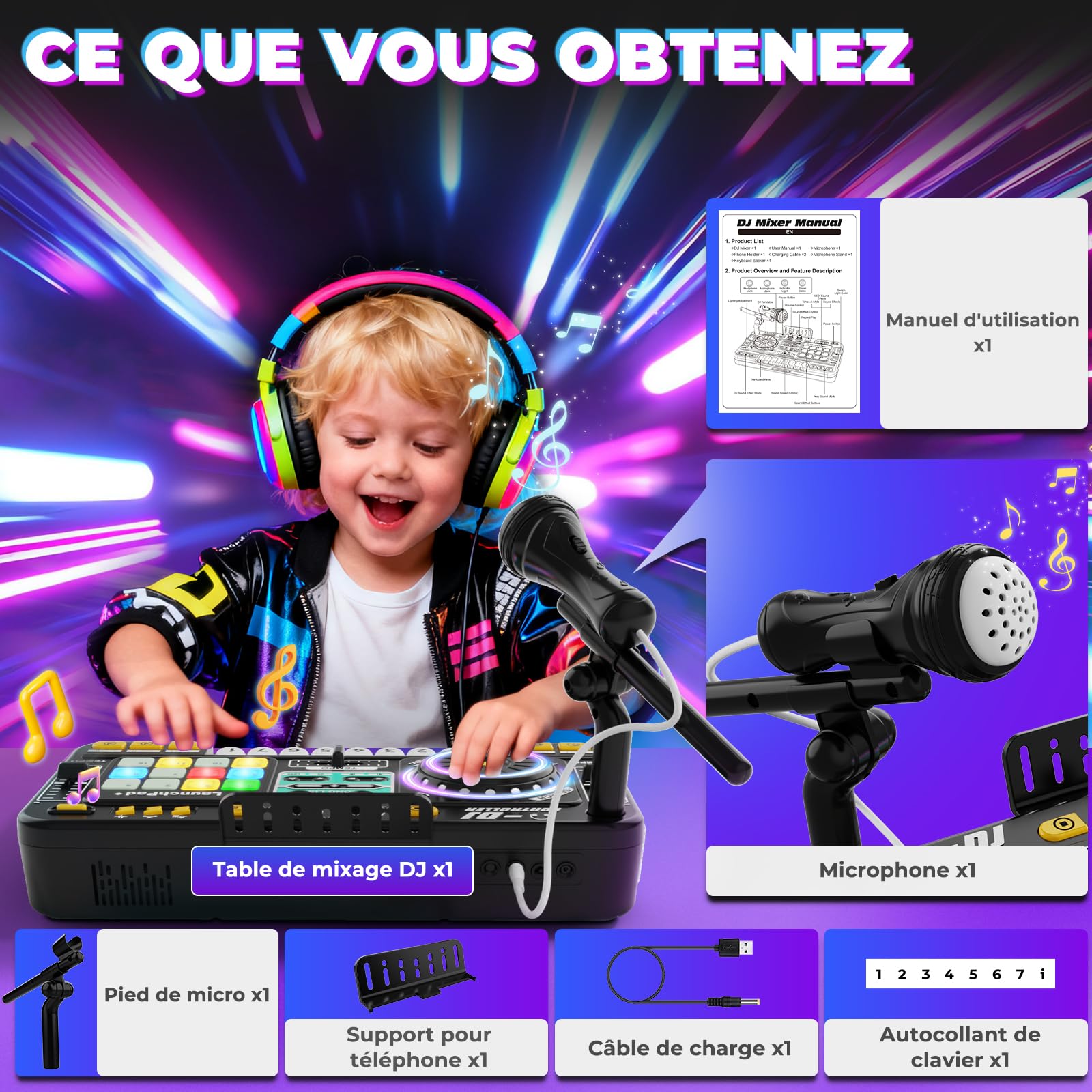 Table de mixage DJ - Pupitre pour enfants de 3 à 10 ans - Contrôleur DJ - Instruments de musique avec microphone - 100 effets sonores - Batterie - Cadeau pour débutants - Garçon et fille - 3, 5, 6, 7