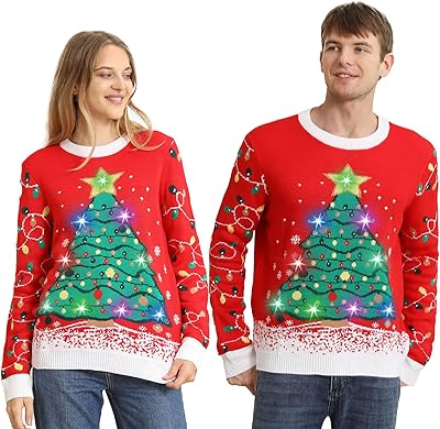FWV Ugly Christmas Sweater Women Men 2025,Light Up Christmas Sweater for Couples,Funny Reindeer Xmas Tacky Pullover Cute