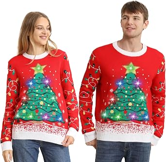 FWV Ugly Christmas Sweater Women Men 2025,Light Up Christmas Sweater for Couples,Funny Reindeer Xmas Tacky Pullover Cute