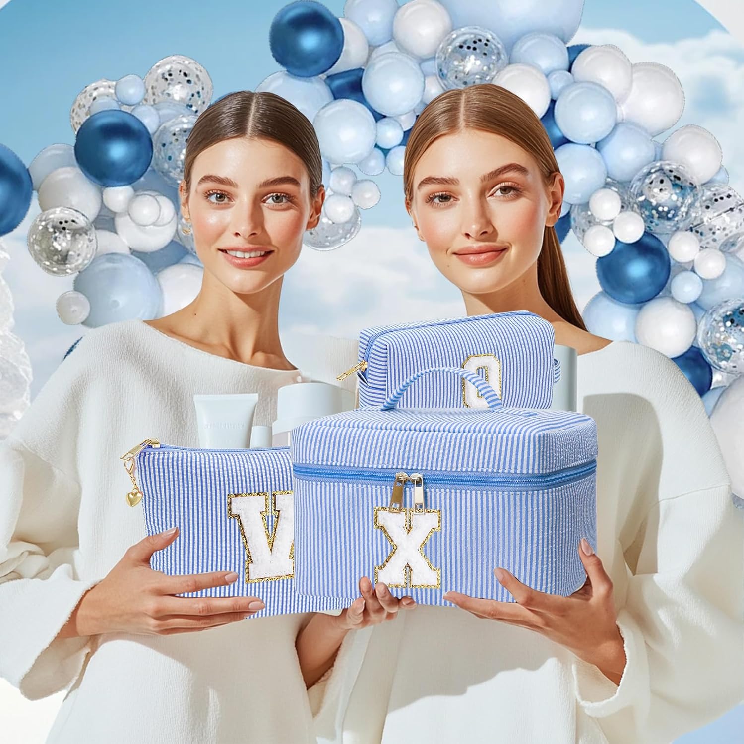 Personalized Monogram Makeup Bag, 3PCS Custom Monogrammed Toiletry Cosmetic Bag for 6-18 Teen Girls Women,Birthday Graduation Gifts Initial Pouch Makeup Bags for Women Girls, Make Up Bag (M, Blue) - Image 6