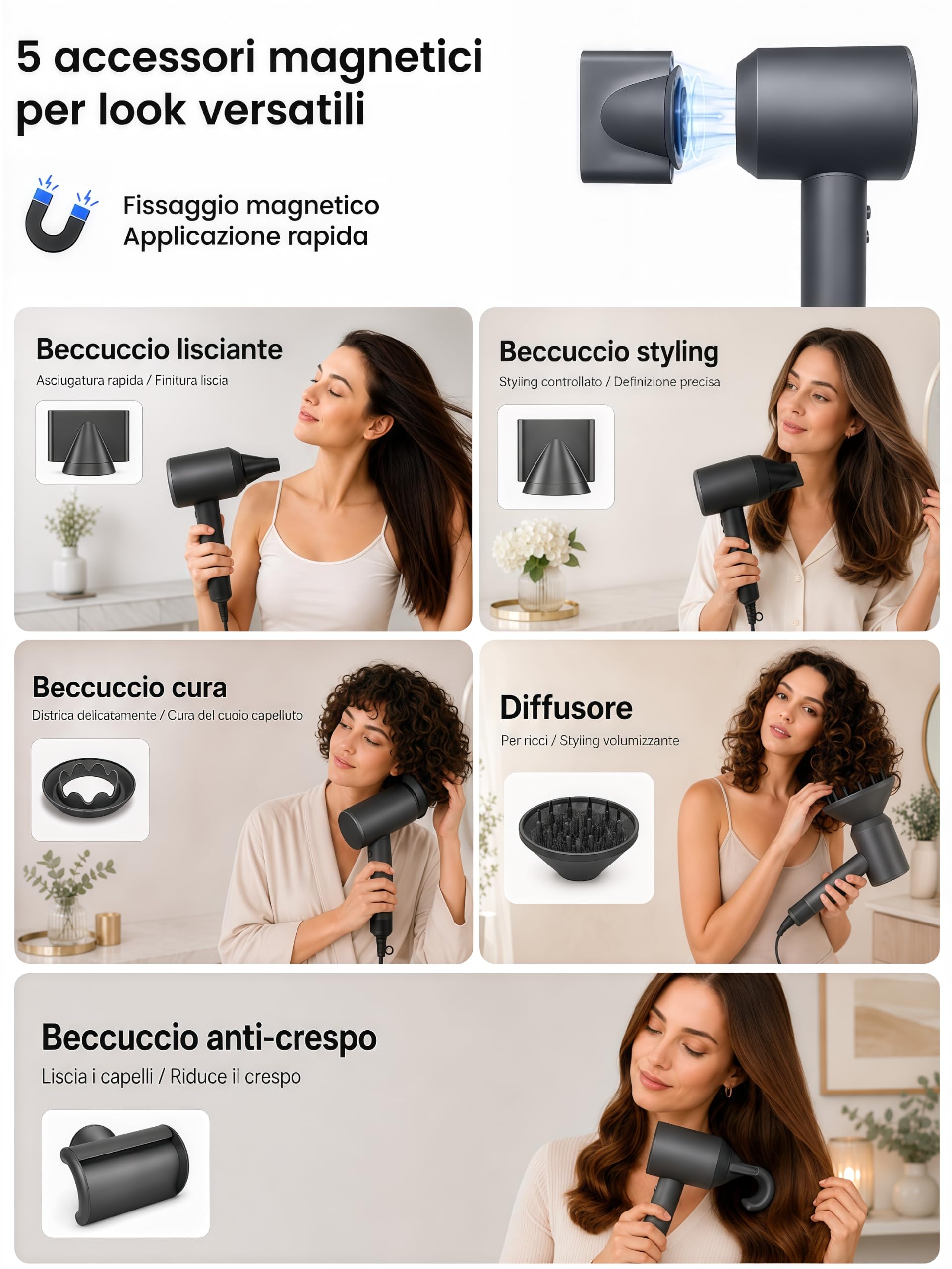 Asciugacapelli ad Alta Velocità con 5 Diffusori Compatibile con Dyson, 160.000 Giri/min, Motore Brushless 50 dB, Display Touch LED, Controllo NTC, 600 Mln Ioni Negativi, 13 Modalità, Magnetico
