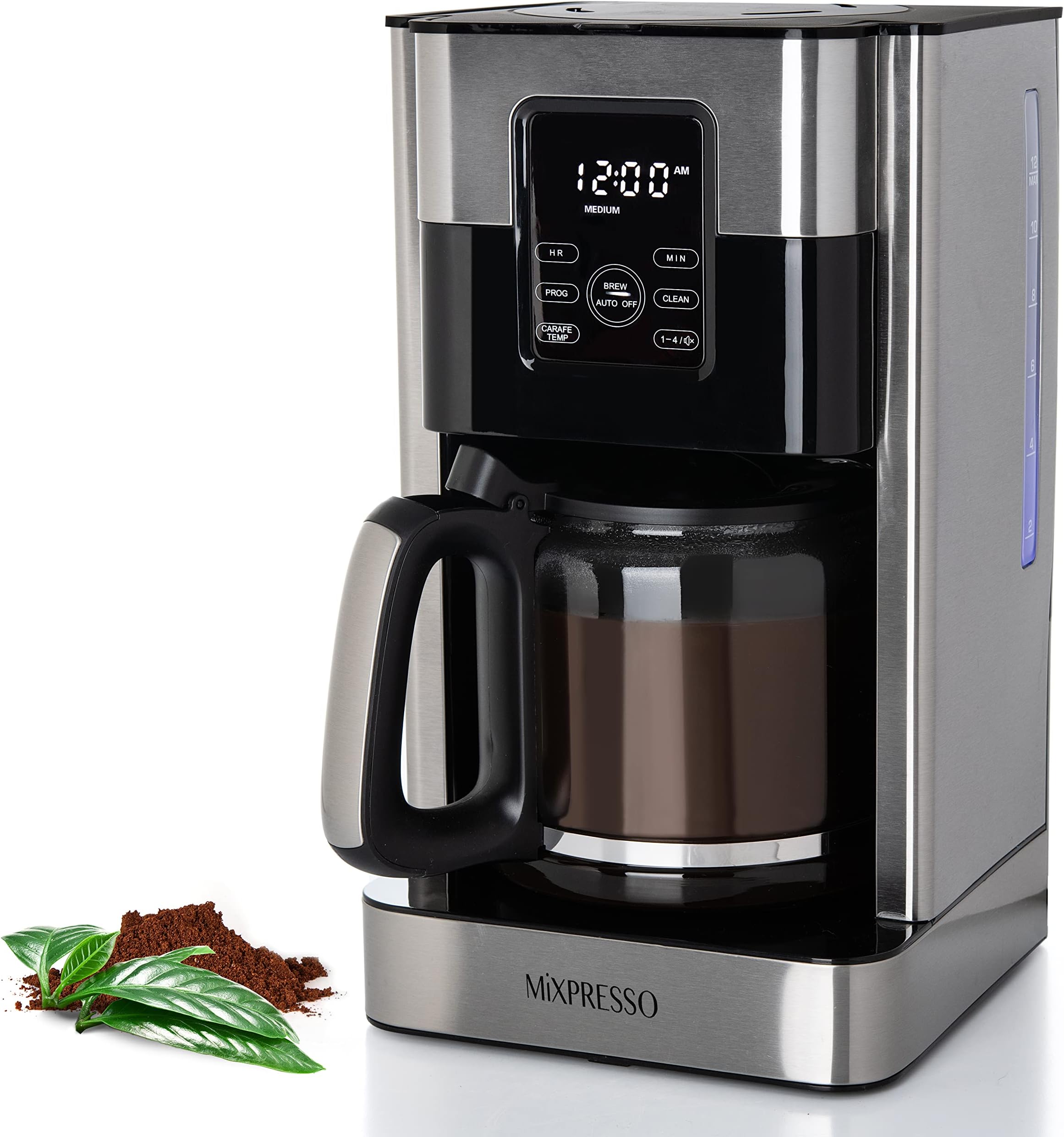 Mixpresso 12-Cup Drip Coffee Maker With LCD Touch Display, Programmable Coffee Pot Machine, Borosilicate Glass Carafe, Anti-Drip System, Stainless Steel & Black Electric Coffee Maker