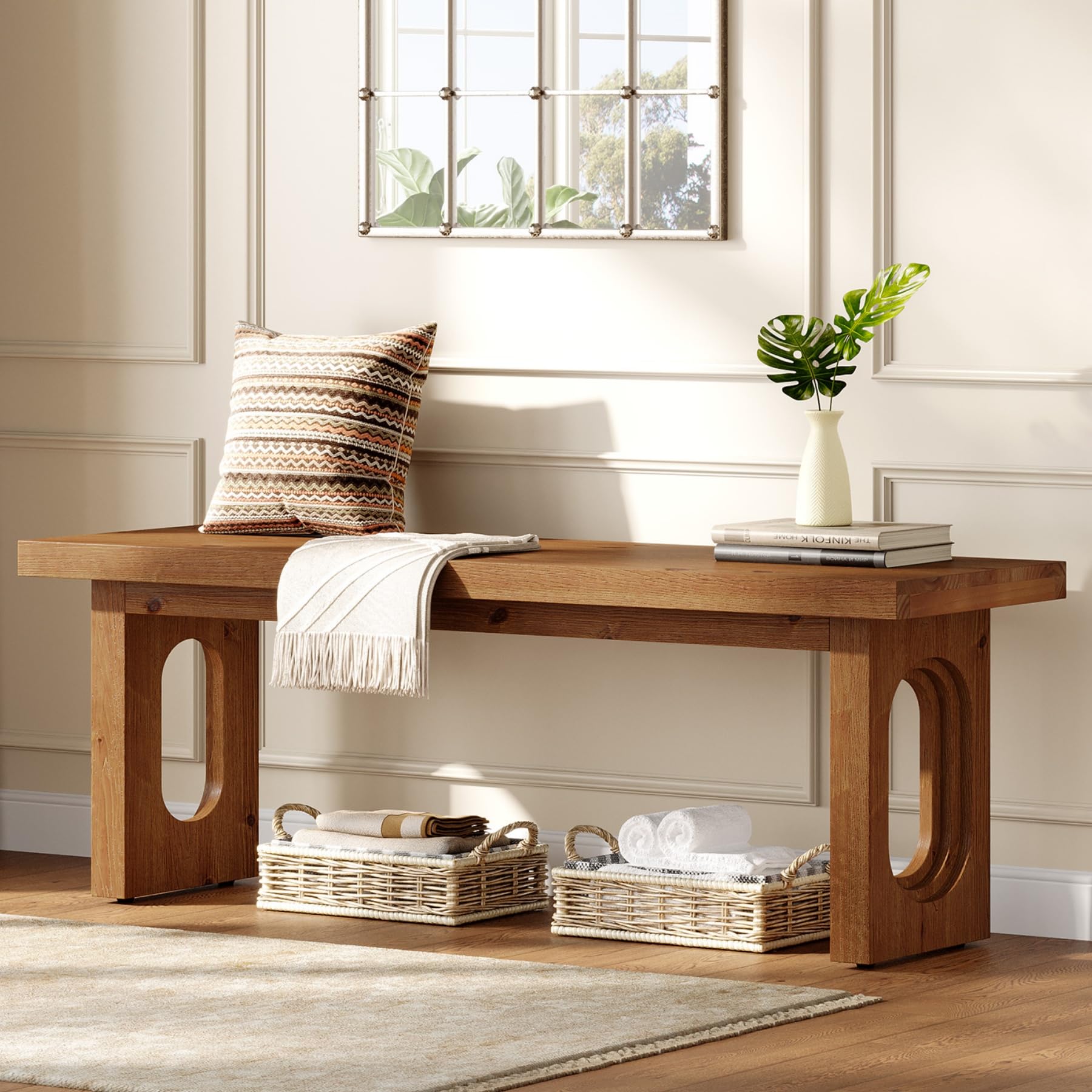 Solid Wood Bench, 43-Inch Narrow Entryway Bench with Hollowed Legs, Indoor Wooden Bench for Bedroom, Entry, Living Room, Hallway, End of Bed, Farmhouse Style (Natural Brown)