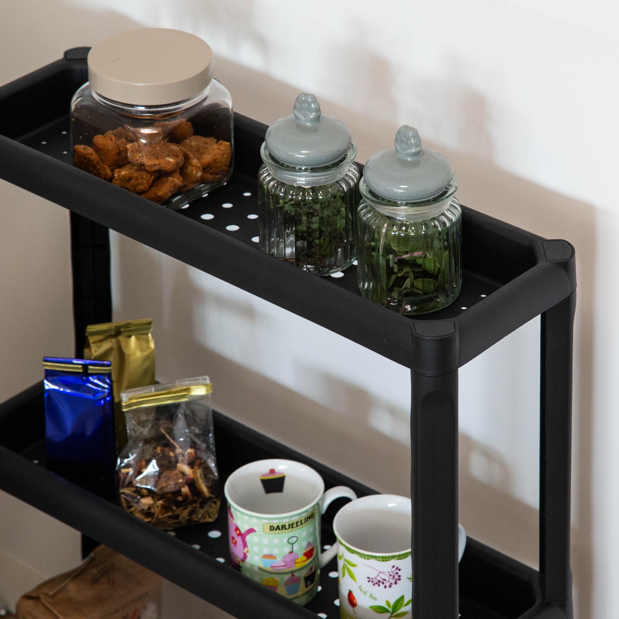 DEA HOME Tina Carrello salvaspazio nero 53x17x71h cm, in plastica resistente con 3 ripiani forati, con ruote e maniglie ergonomiche, pratico e versatile, per riporre oggetti in ambienti domestici
