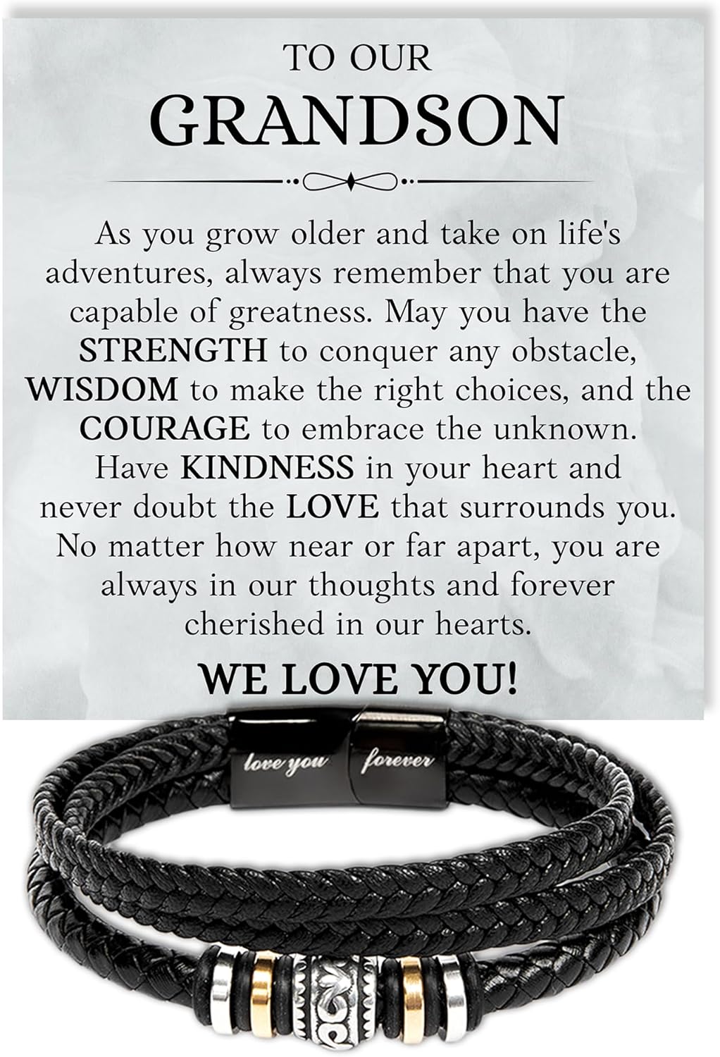 VIRAGIL To My Grandson Leather Bracelet – Meaningful Gift from Grandma or Grandpa, Inspirational Engraved Message Wristband for Birthday, Christmas, Graduation, or Just Because
