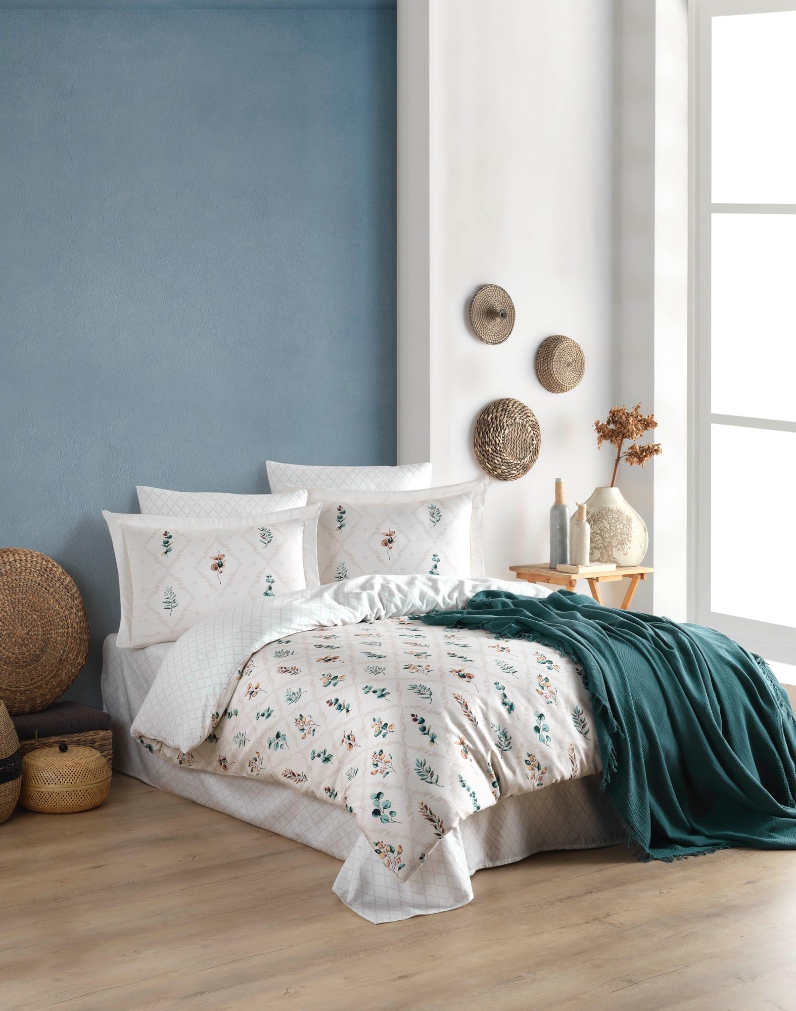 Nuit Des Rêves Ranforce Single XXL Quilt Cover Set, 100% Cotton, 155 x 220 cm Duvet & 80 x 80 cm Pillowcase, Machine Washable, White & Green, 145 Thread Count
