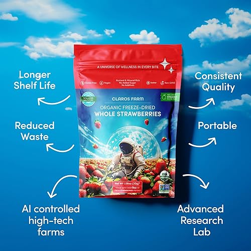 Miniatura 5 de Claros Farm Fresas orgánicas enteras liofilizadas (paquete de 1.06 onzas), alimentos liofilizados saludables, sin gluten, veganos, bocadillos de