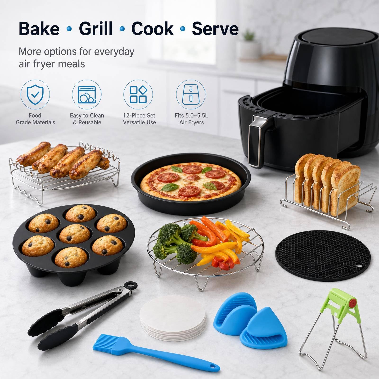 Airfryer Akcesoria 12 sztuk do frytkownicy na gorące powietrze 5,0-5,5 l, zestaw akcesoriów 20 cm z koszem do pieczenia, patelnią do pizzy, grillem ze stali nierdzewnej, uchwyt na