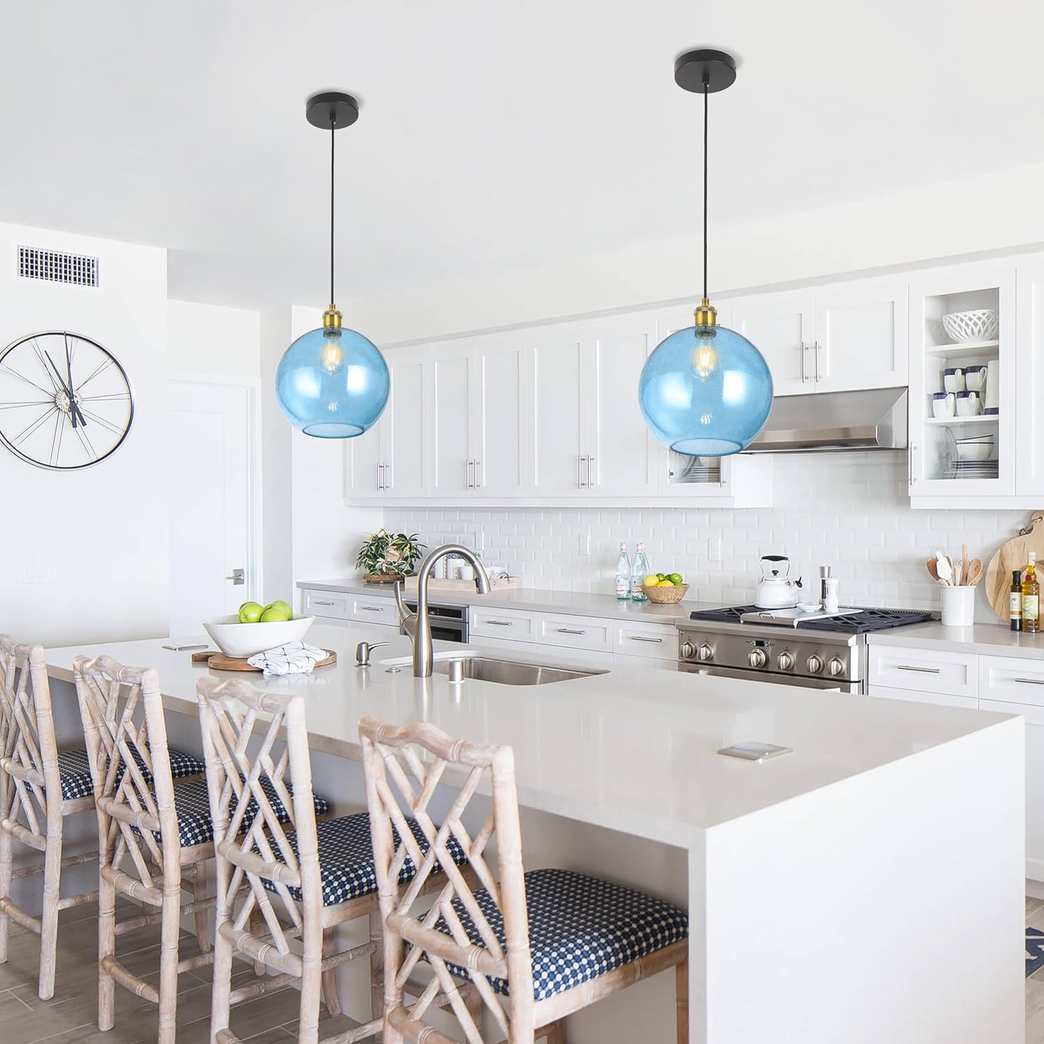 Blue Glass Pendant Lights Kitchen Island Lighting Globe Pendant Light Fixtures Modern Kitchen Island Lighting for Dining Room Bedroom -9.8inch