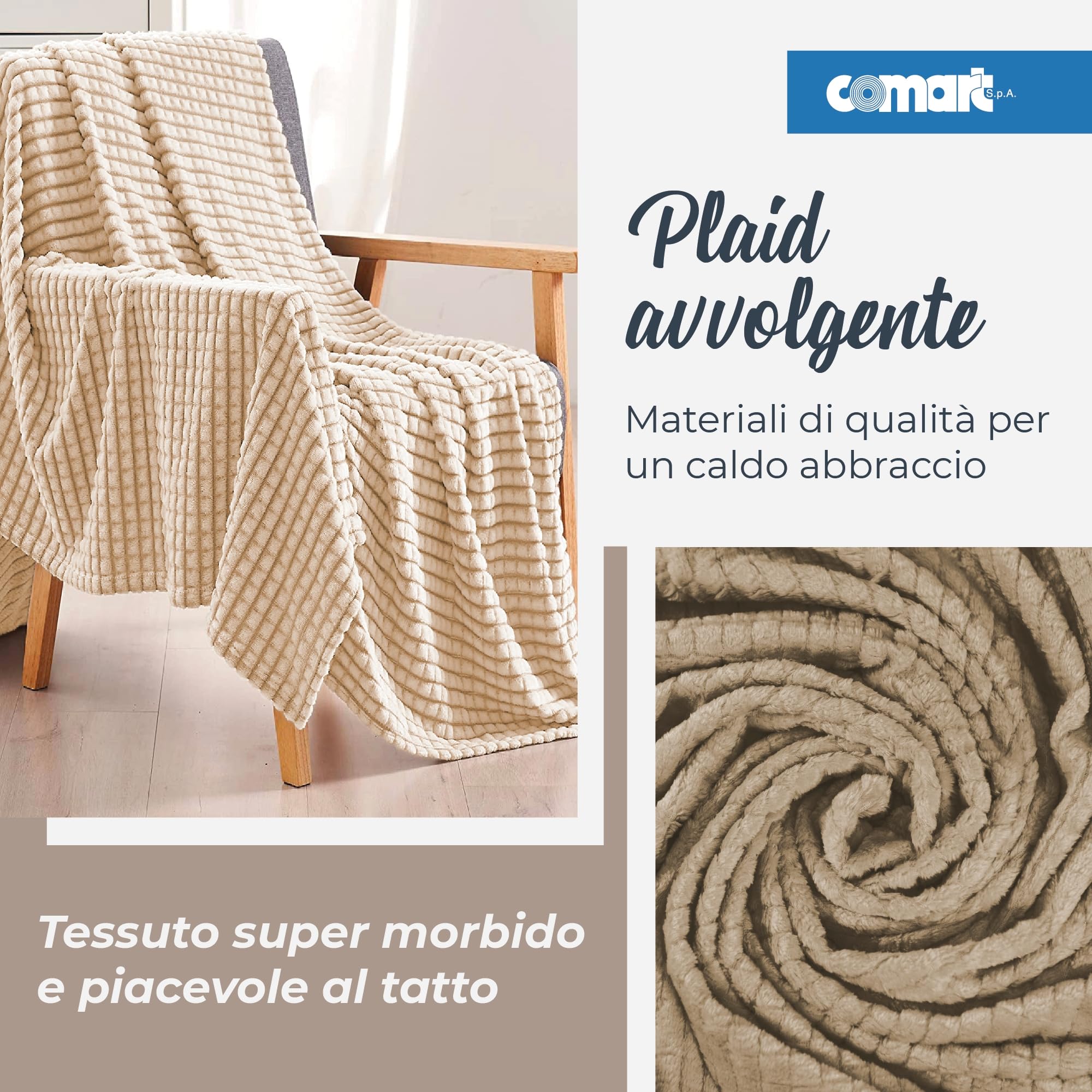 Comart - Plaid Waffle - 200x220 cm Beige - Morbida Coperta Effetto Pile