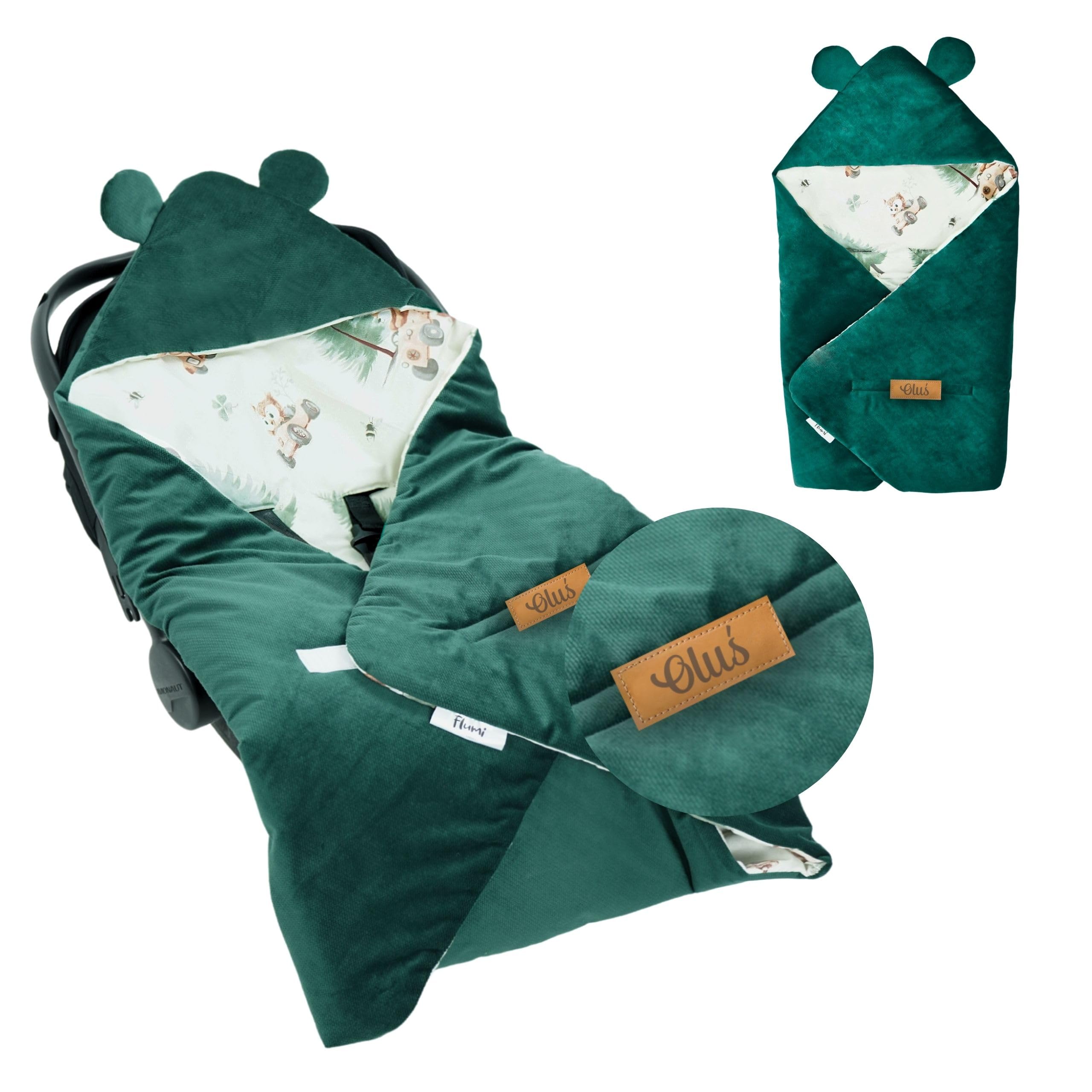 Flumi Couverture Enveloppante Bébé pour Siège Auto, Poussette et Nacelle – Capuche, Ouvertures Harnais, Lavable, Personnalisation Prénom (Animaux Verts)