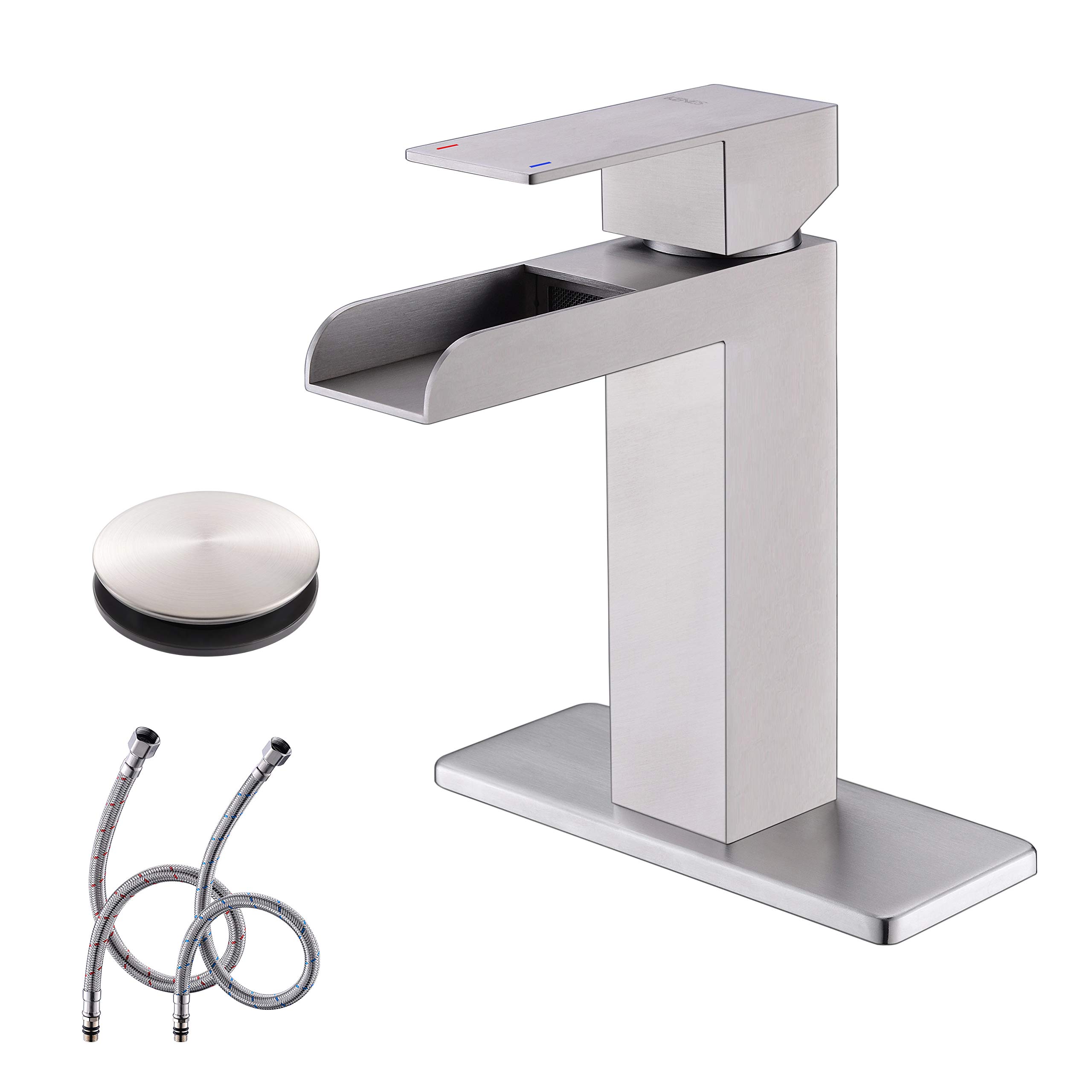 KENES Waterfall Bathroom Sink Faucet, Brushed Nickel Single Handle Bathroom Faucet with Faucet Escutcheons, Pop Up Drain Stopper & Lead-Free Water Supply Hoses LJ-9035