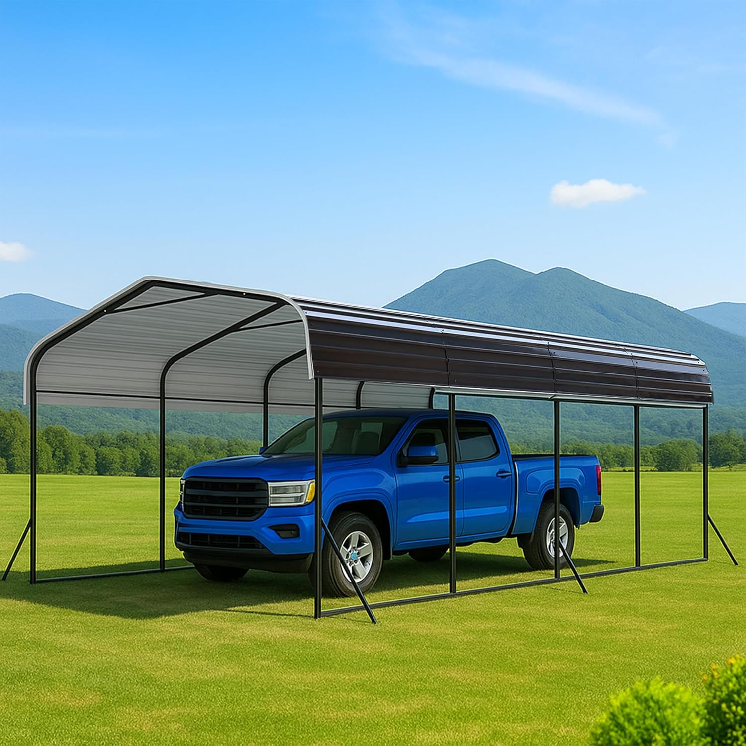 12x24 FT Metal Carport with Base Fixings Heavy Duty Garage Outdoor Chrome Plated Frame and Sheet Metal Construction Suitable for Boats, Cars, Tractors and Agricultural Equipment, Dark Gray