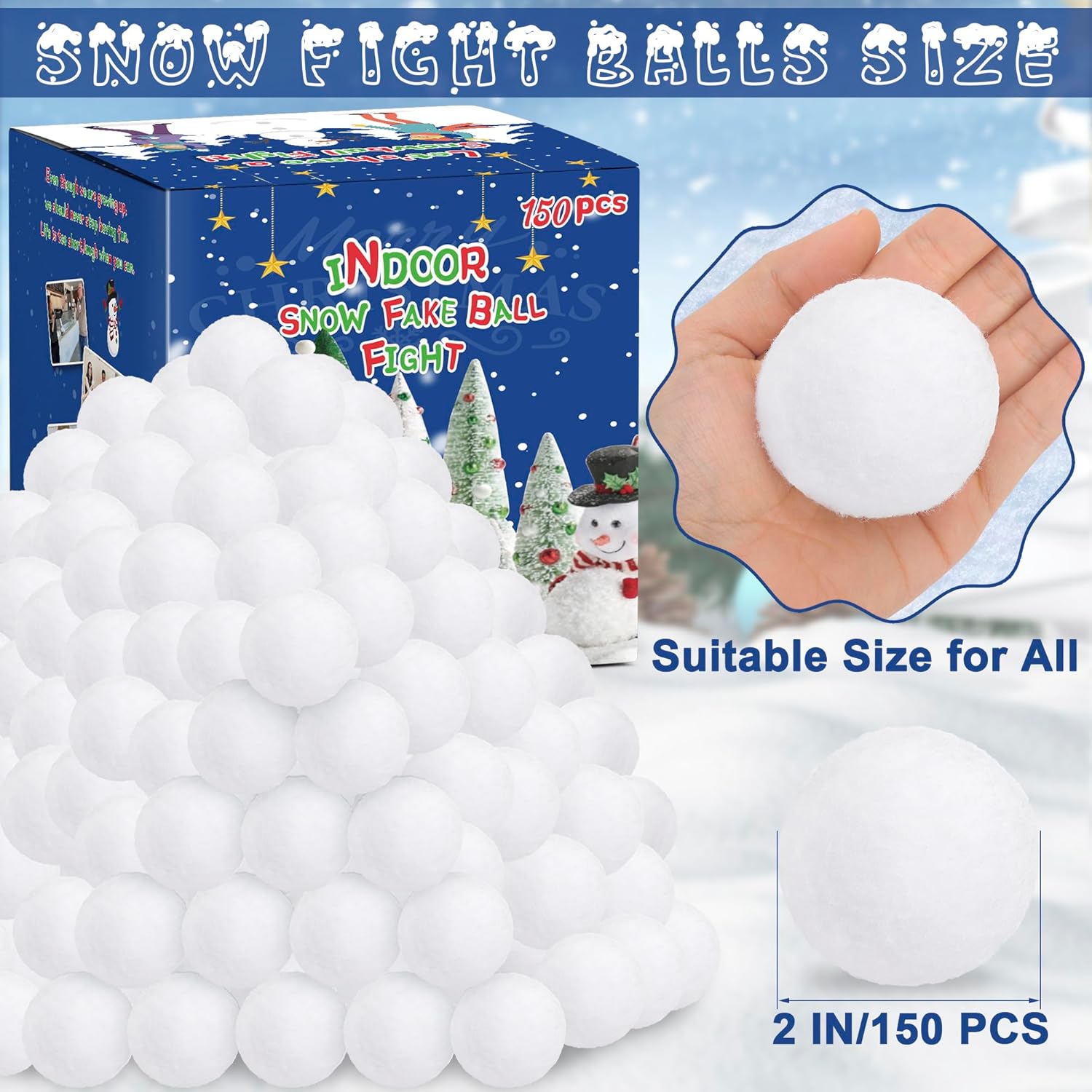 150 PCS Indoor Snow Ball Fight Set, Fake Snow Balls Soft Plush Snow Balls for Kids Indoor, White Artificial Snow Balls Toys for Indoor Outdoor Winter Family Toss Game Christmas Decor Xmas Present