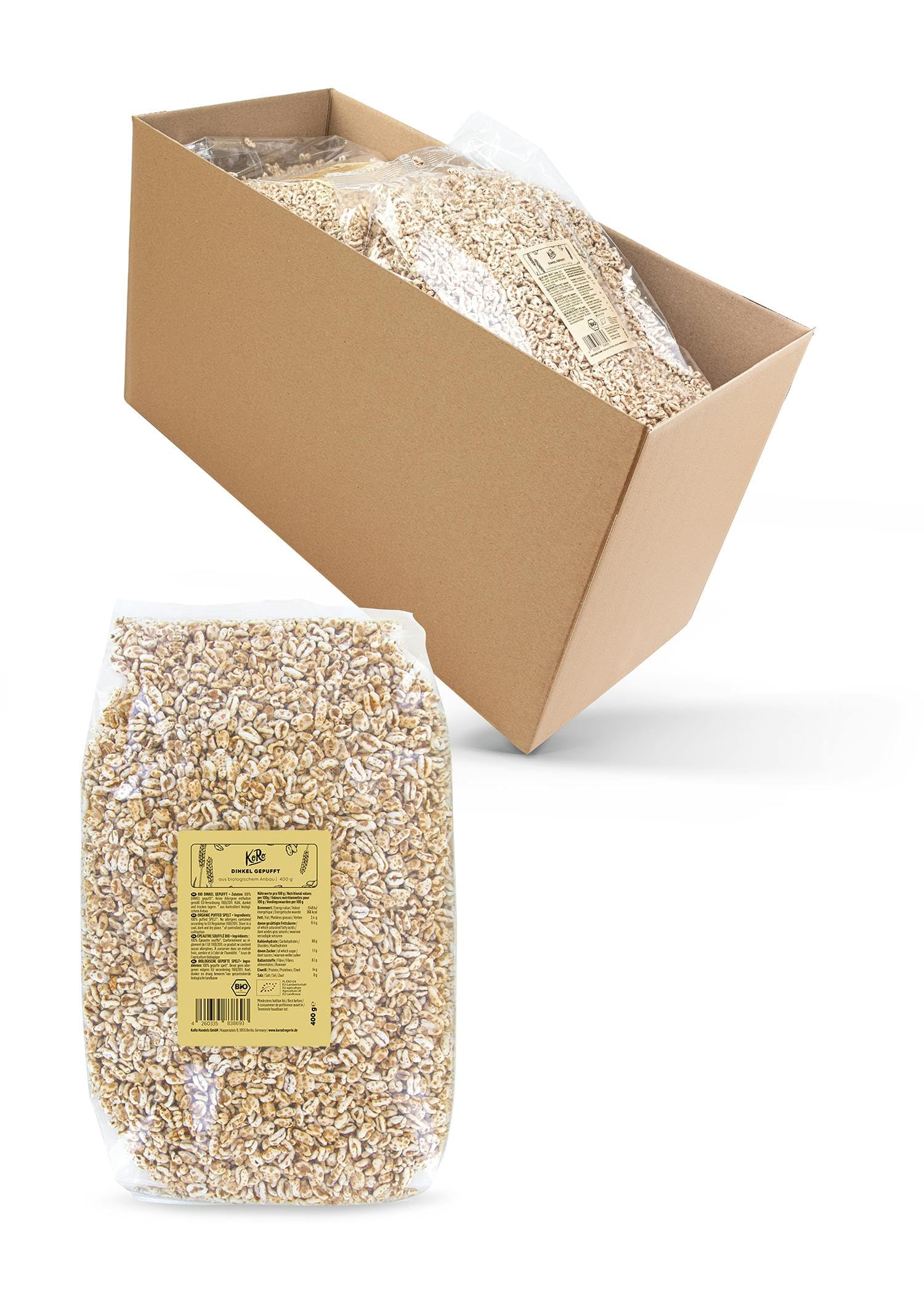 KoRo - Farro soffiato bio 6 x 400 g - Senza zuccheri aggiunti - 100% bio e vegan - Cereali soffiati senza additivi - Nel latte o come base per barrette e porridge