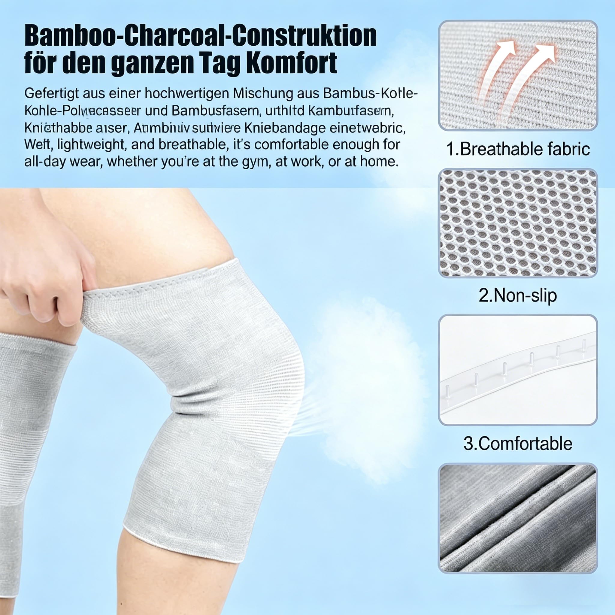 Kniebandage für Männer Damen - Bambus Kompressionsbandage für Arthrose Athletics Sportbandage Kniestütze - Elastische Braces Pads Warmer Schutz Knie Unterstützung 1 Paar (Grau, XL)