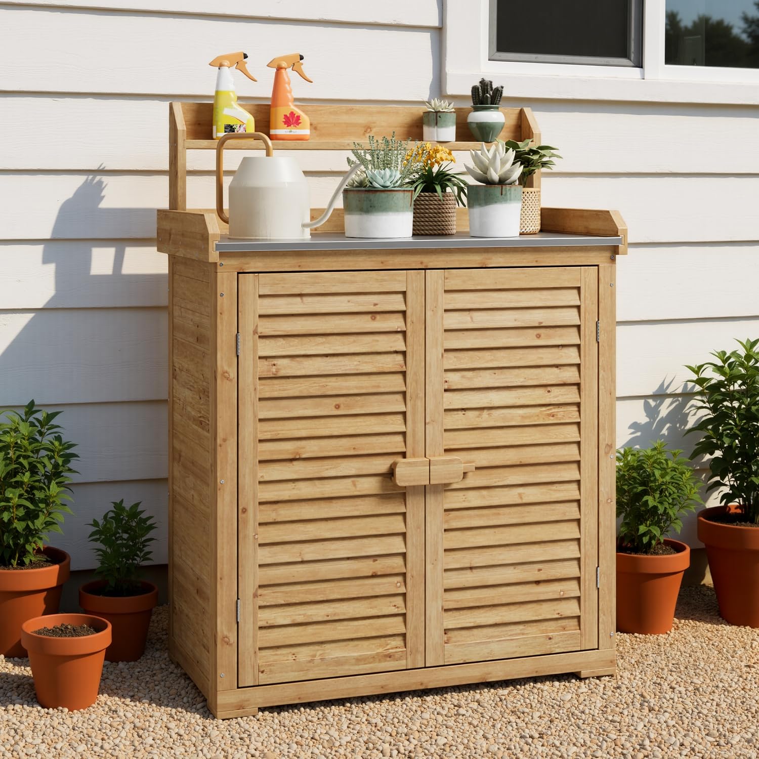 Table de Rempotage Extérieure,Table de Jardinage, Double Porte, avec Crochet, pour Jardin, Balcon, Terrasse, 88x45x120 cm,Naturelle