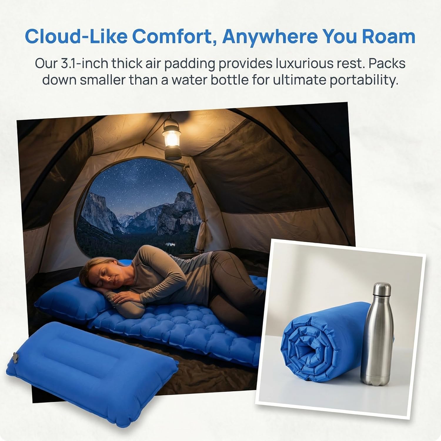 Memory Foam Camping Pad - Self-Inflating Travel Air Mattress, Lightweight Portable Chill Pad for Bed, Car, and Outdoor Activities (Blue)