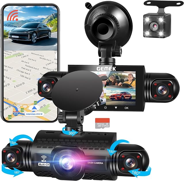 360 Vue des degrés 4 Chaîne Dash Cam 5G WiFi & Contrôle de l'application, GEMEK 2K Caméra avant et arrière intérieure, gauche et droite pour les voitures, libre 64GB TF Carte, G-sensor, vision nocturne