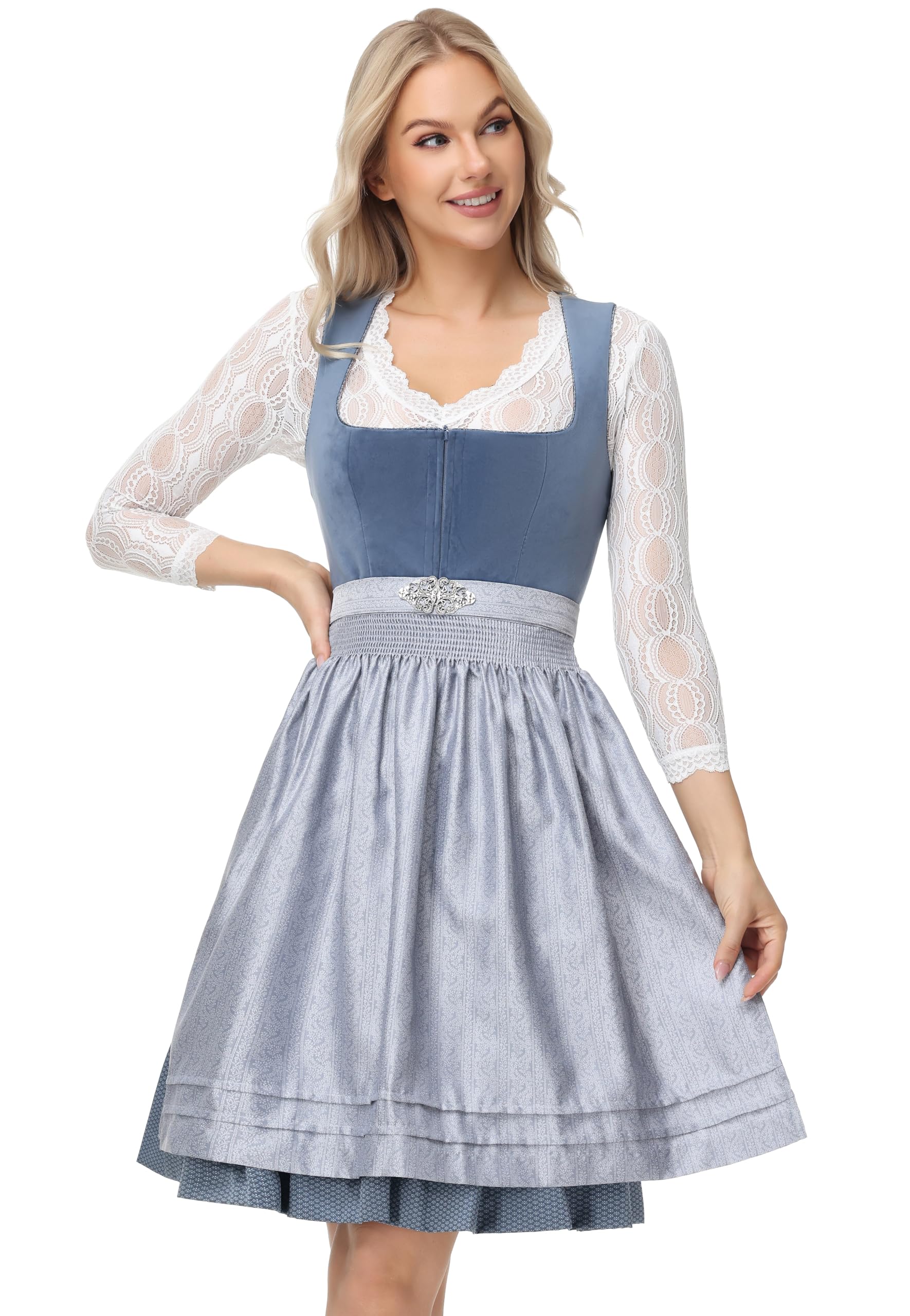 ELFIN Damen Midi Dirndl, Elegante Trachtenkleid, Samt Damen Dirndlkleid mit Plissee Schürze, Perfekt für Oktoberfest