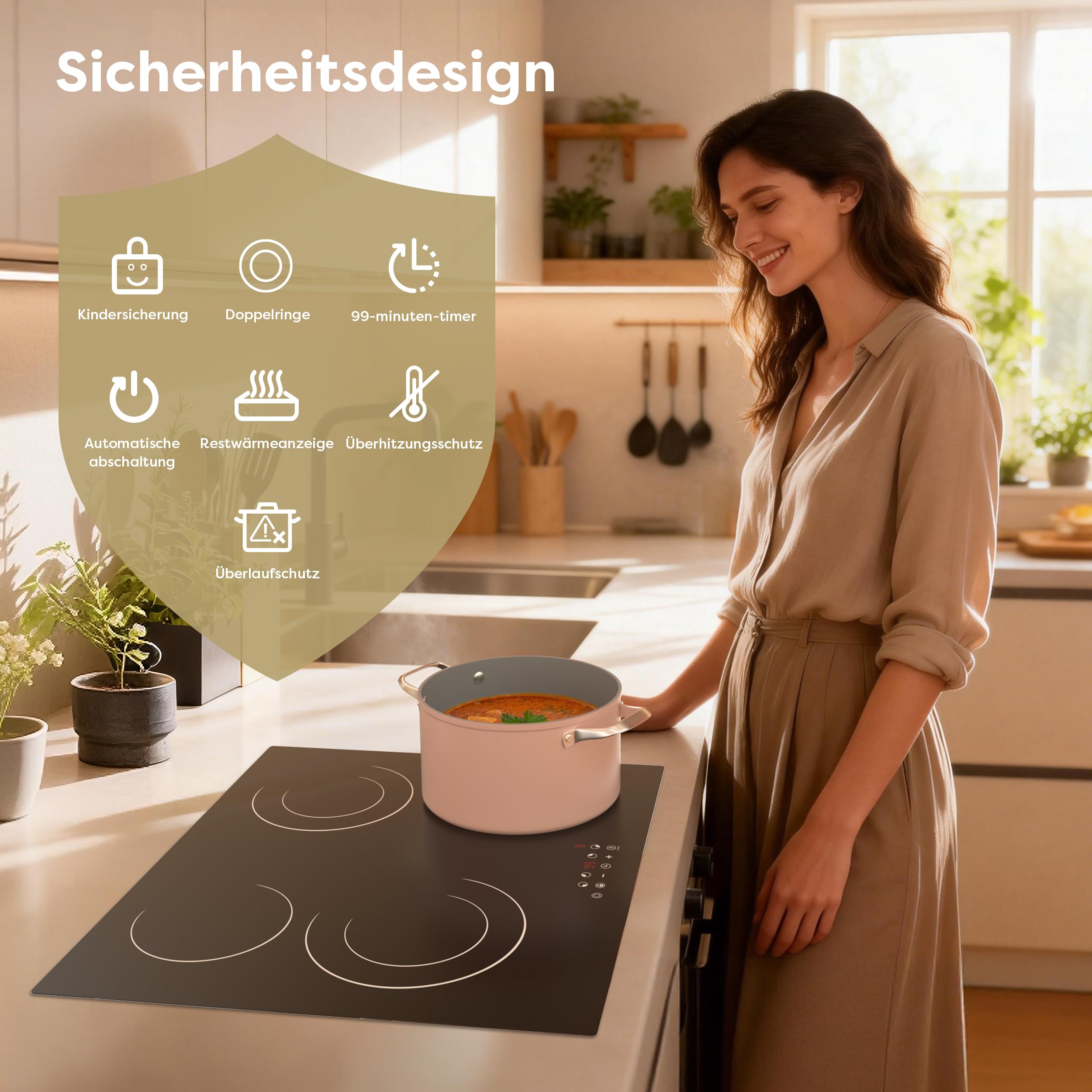 CDV Glaskeramikkochfeld 4 Kochzonen 60 cm 6600 W | Autarkes 60-cm-Einbaukochfeld ohne Stecker, mit Touch, Timer, Kindersicherung und Restwärmeanzeige