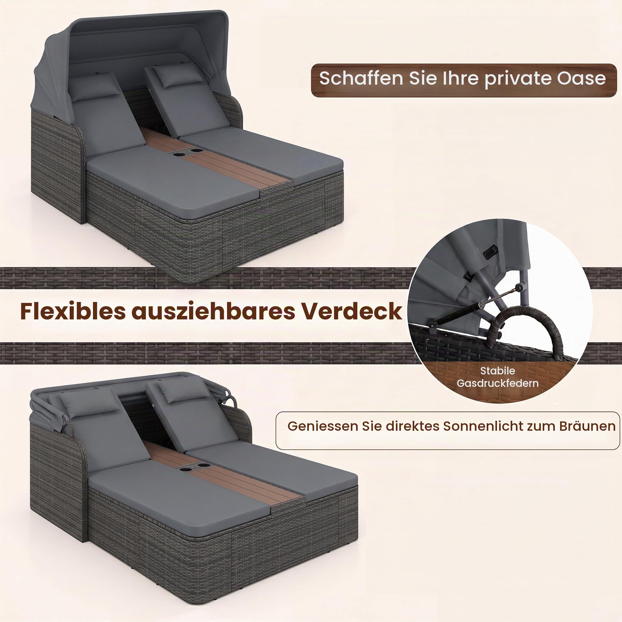 LIFEZEAL Sonnenliege 2 Personen, Gartenliege mit Verstellbarer Rückenlehne & Sonnendach, Doppelliege aus Rattan mit Kissen & Kopfstützen, Gartenbett mit Tisch & Getränkehaltern für Garten (Grau)
