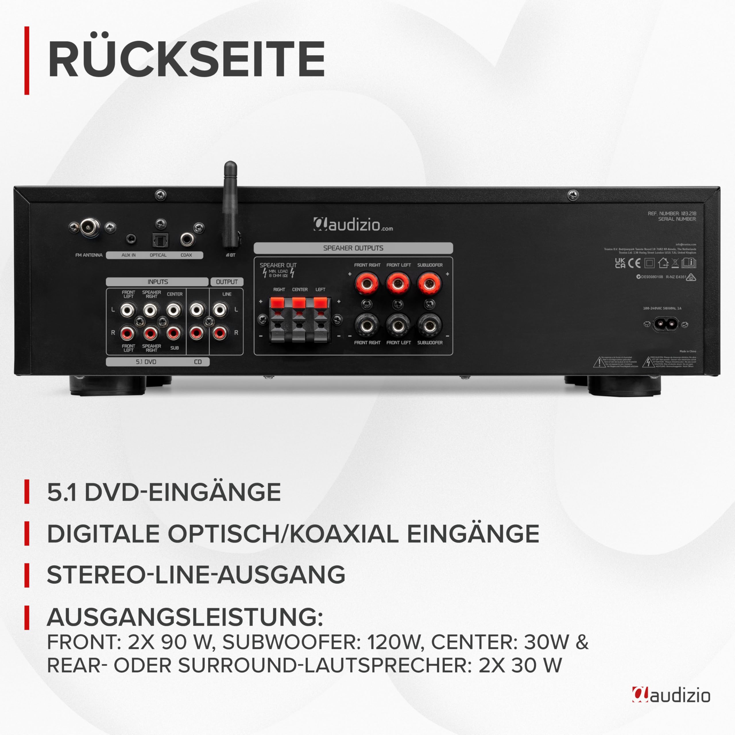 Audizio AV560EQ - 5.1 HiFi Verstärker mit Bluetooth, 390 Watt AV Receiver & Stereoanlage für Heimkino, TV & Musik - Verstärker HiFi Stereo mit Subwoofer-Out, USB, FM-Radio, 2X Mikrofon, Equalizer