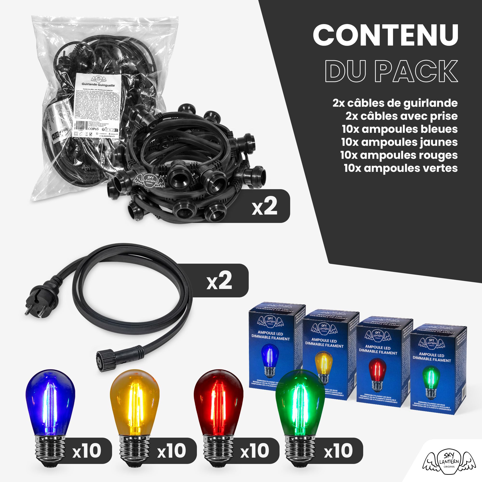 SKYLANTERN Guirlande Guinguette 20M 40 Bulbes Filament Rouge Bleu Jaune Vert - Guirlande Lumineuse Ampoule E27 Multicolore