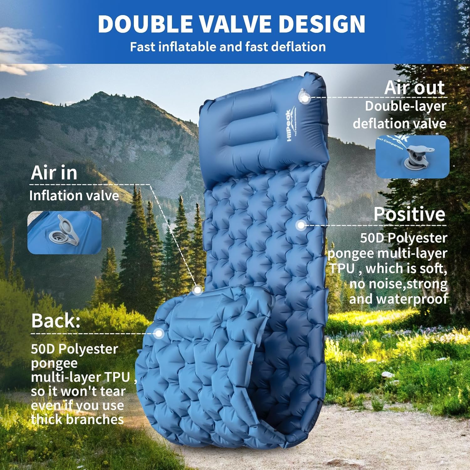 HiiPeak Esterilla portátil Inflable con Almohada y Bomba de pie, Colchoneta Camping de Dormir para Senderismo Ultraligero en Azul para Camping, Viajes y Senderismo