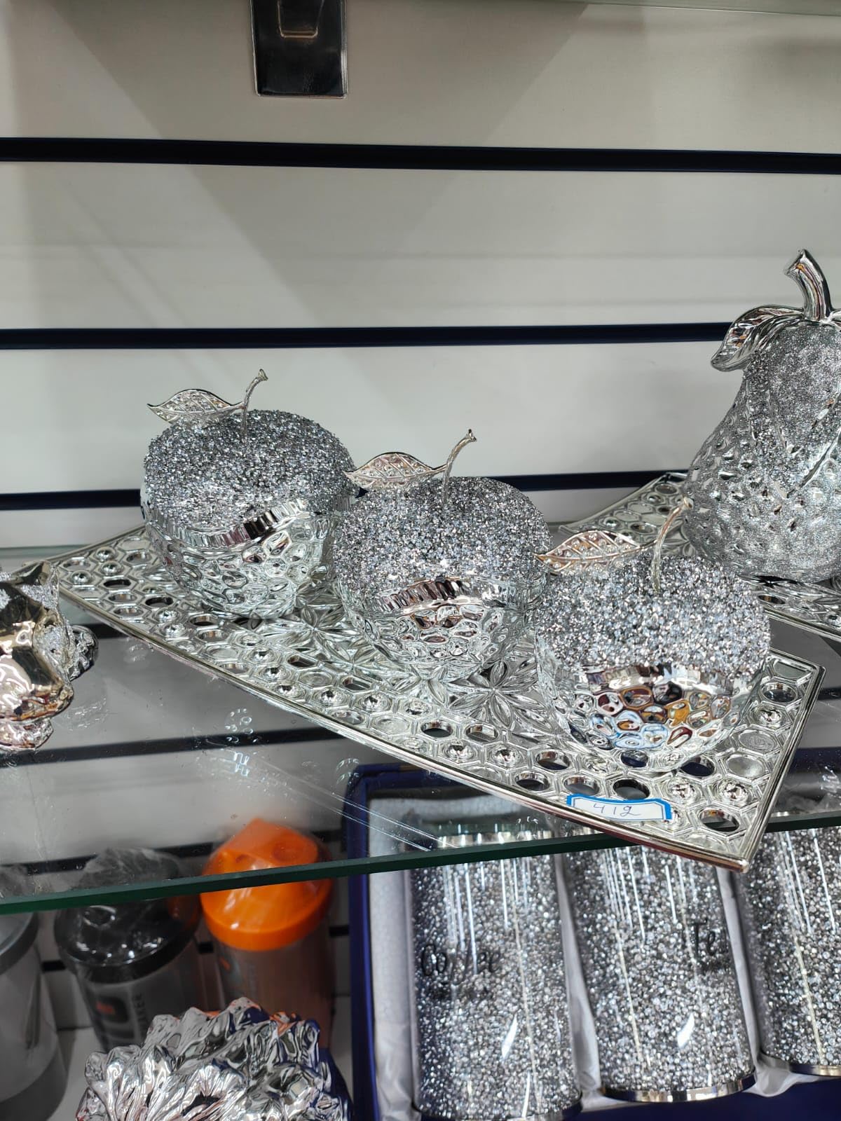 Biznest Silver Set Of Three Crushed Crystal Diamond Jewel Apple Fruit Ornament Home Art Decoration Eye Catching