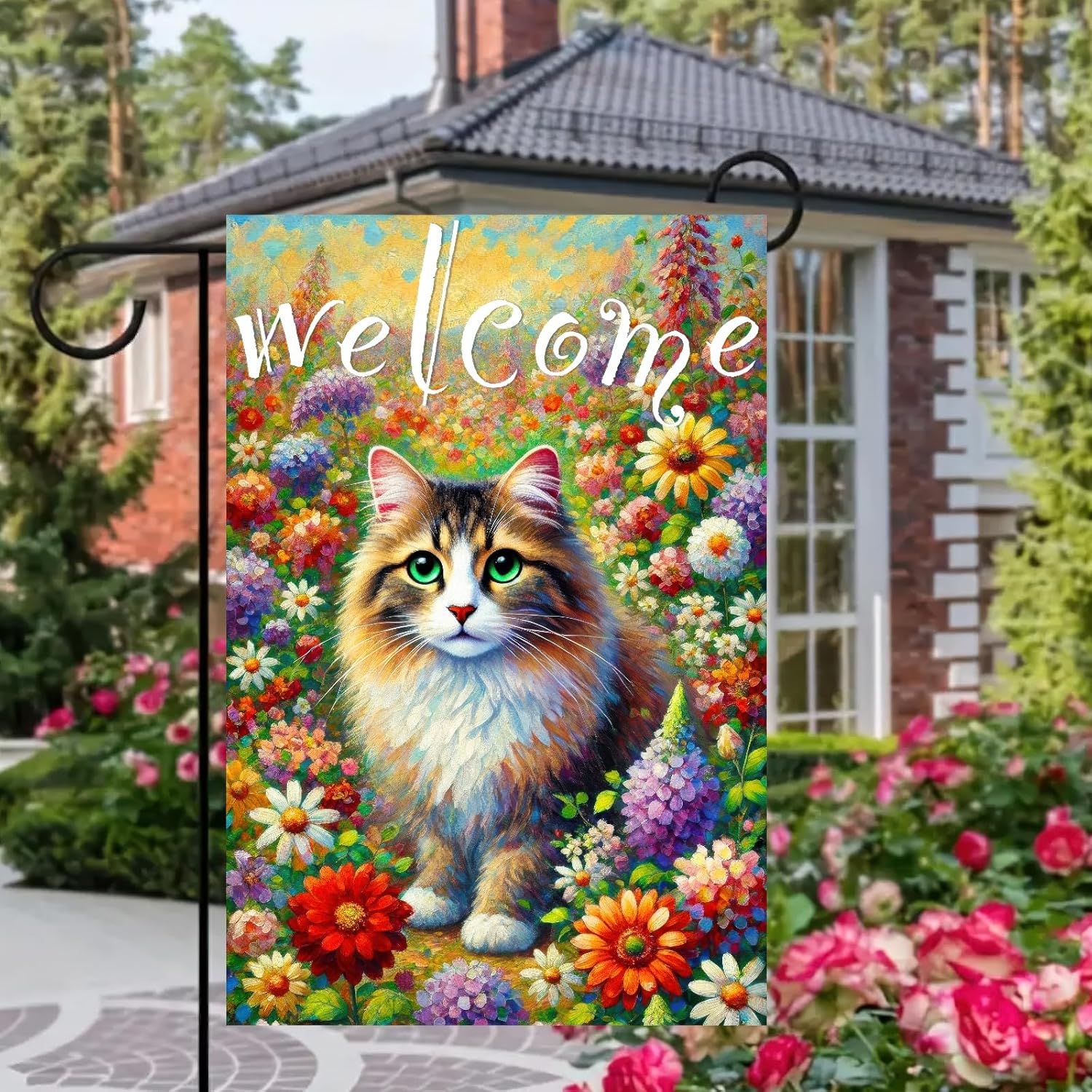 Spring Welcome Cat Garden Flag Double Sided 12x18 Inch Tabby Cat Garden Flag Funny Floral Tulip Cats Flags Vertical Farmhouse Welcome Yard Spring Summer Seasonal Outdoor Porch Decor - Image 9