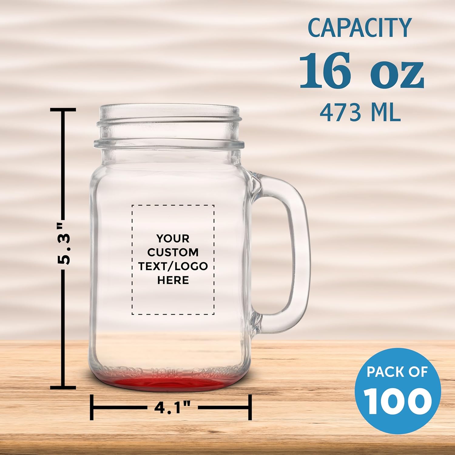 DISCOUNT PROMOS Custom Libbey Mason Jars w/Handles 16 oz. Set of 100, Personalized Bulk Pack - Traditional style, High standard - Red