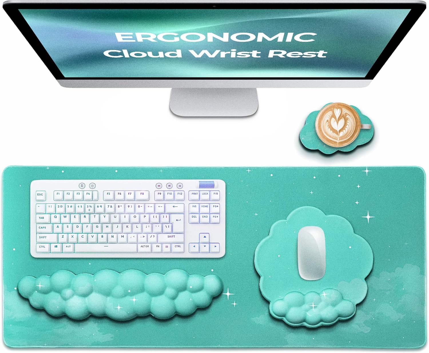 Premium Quality Cloud Wrist Rest Keyboard & Mouse Pad Set – Ergonomic Memory Foam Desk Accessories with Wrist Support & Cloud Coaster Wrist Rest for Office & Gaming- Mint