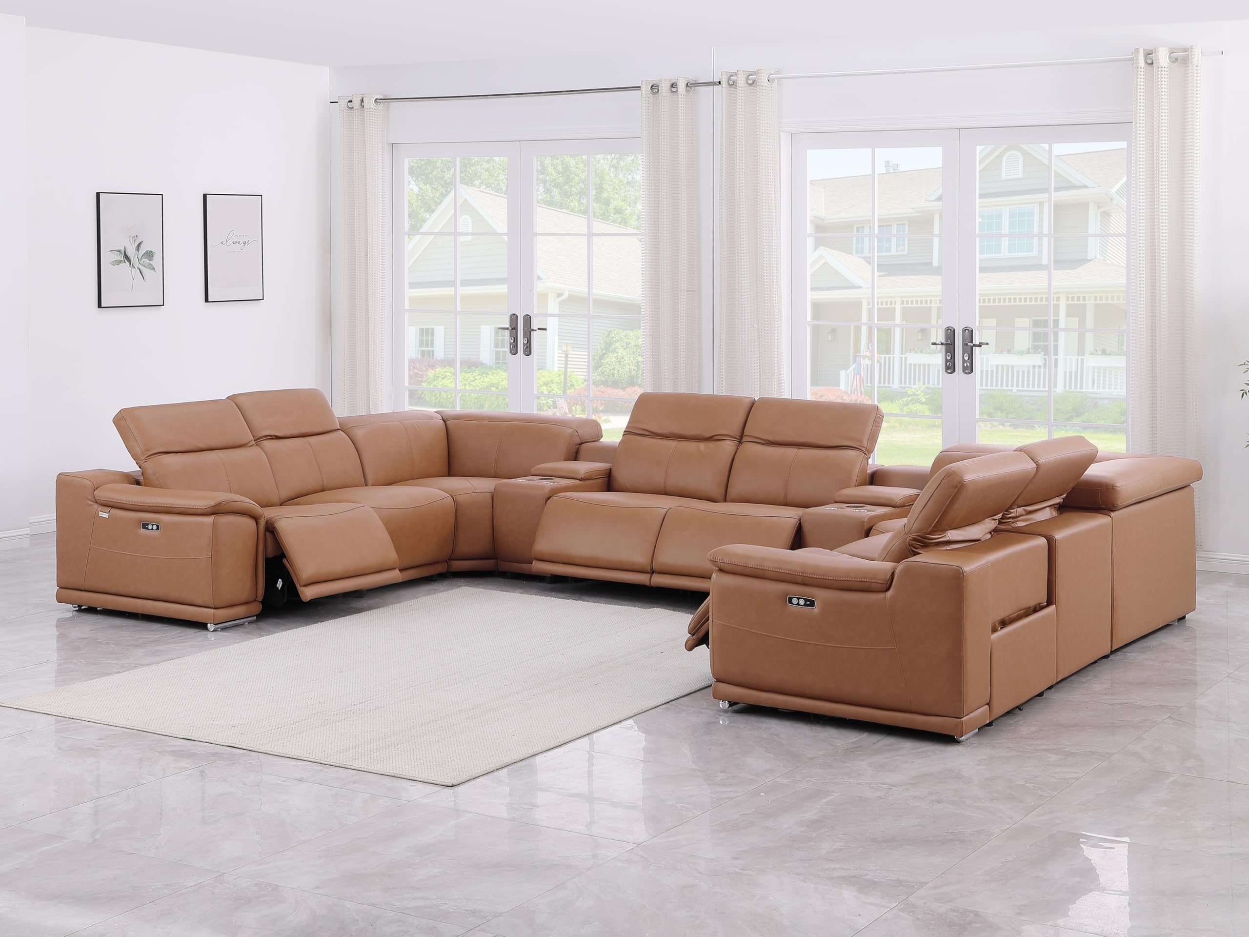 Blackjack Furniture Venice 10-Piece Top Grain Italian Leather Sectional Reclining Sofa Set with 4 Power Recliners, Adjustable Headrests, USB, Wireless Phone Charger &amp; Console Storage, Cognac