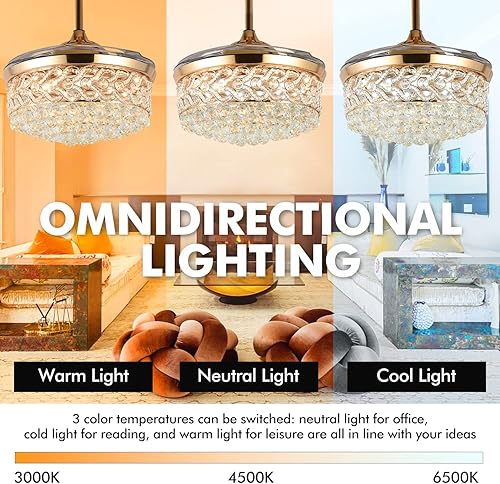 Miniatura 4 de Ventilador de techo de cristal de 42 pulgadas con luz y control remoto, ventiladores de techo retráctiles invisibles para iluminación con 3 niveles