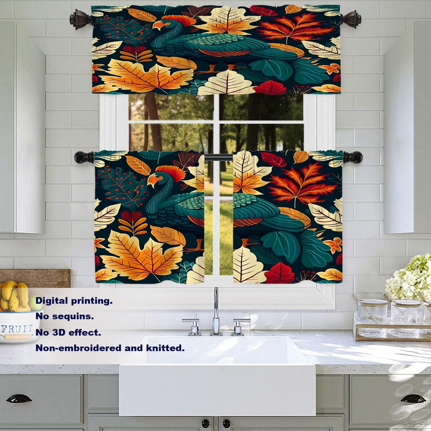 Batmerry Turquoise Thanksgiving Turkey Tier Curtains, Autumn Berries Leaves Window Treatment Short Kitchen Curtain Multilayer Polyester Blackout for Living Room/Bathroom, 2 Pack 26x24 inches