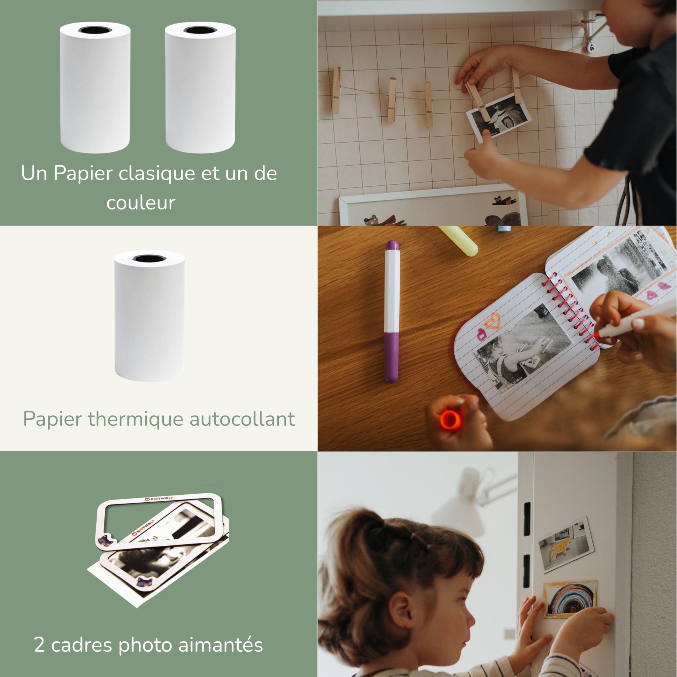 KIDYWOLF Kidyprint Vert – Appareil Photo Instantané Enfant avec Impression Thermique – Polaroid Ludique et Créatif pour Explorer, Capturer et Partager Ses Souvenirs