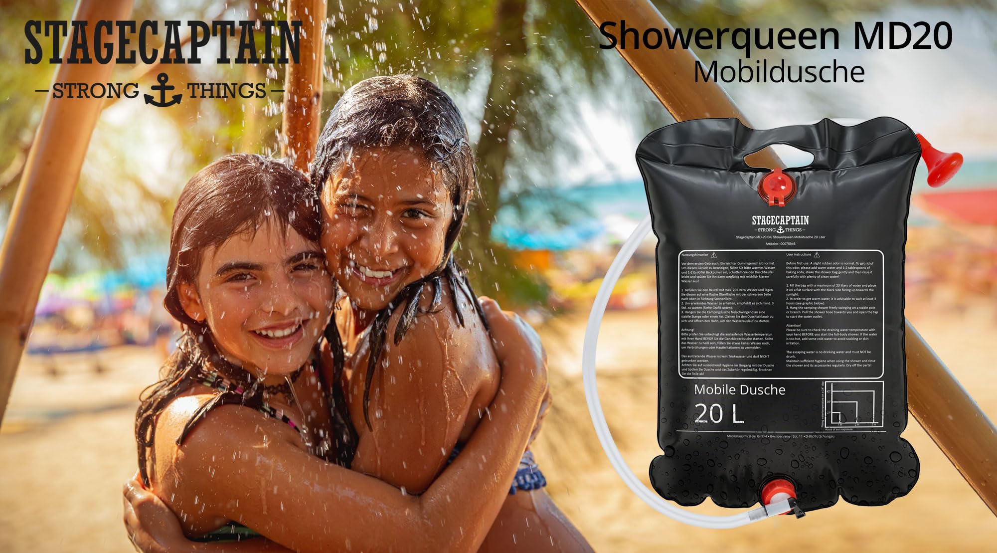Stagecaptain MD-20 BK Mobildusche 2er Set - Campingdusche à 20 Liter Volumen - Camping Dusche Solar mit Duschkopf - Reisedusche heizt durch Sonne - Solardusche - Festivals, Garten, Camping, Wandern