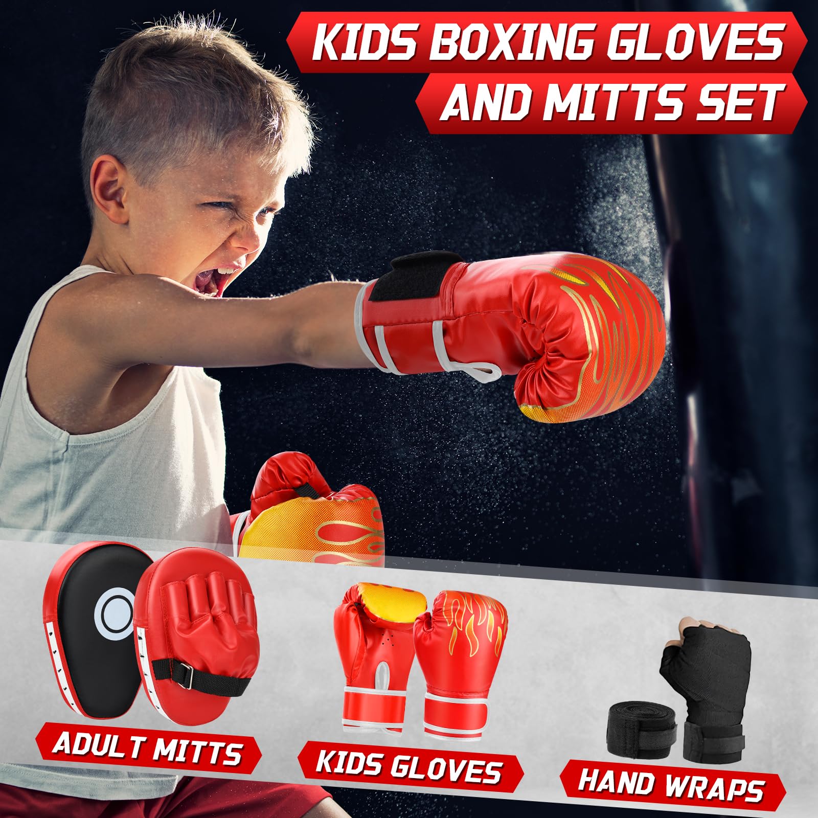 YORWHIN Kit de Boxe 3-en-1 pour Enfants – Gants, Pattes d’Ours, Bandes de Poignet – Entraînement MMA Muay Thai Taekwondo Kickboxing