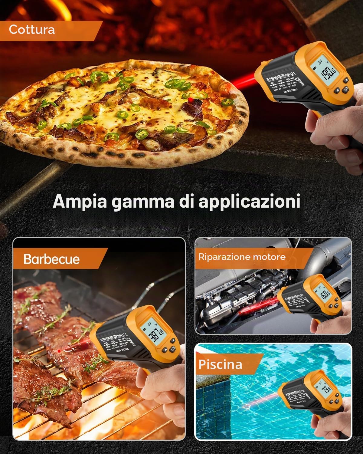 Eventek Termometro Infrarossi, -50 ° C ~ 600 ° C Termometro Laser Digitale Senza Contatto aiutante di cucina, Termometro per Cucina, Forno, Pizza, Freezer, Termometro per Carne Incluso (Non per Umani)