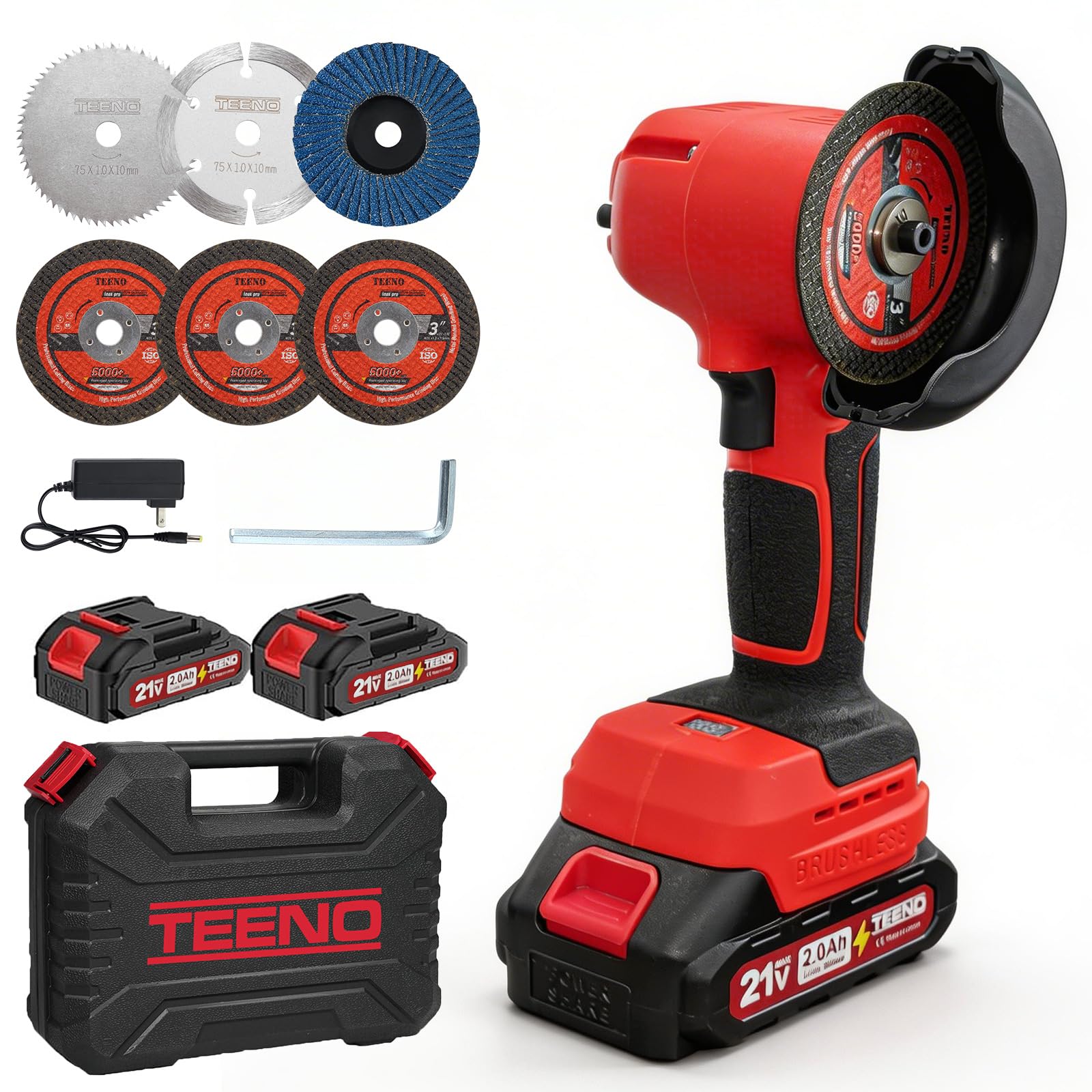 Smerigliatrice angolare TEENO 21V con spazzole, 19500 giri/min, dotata di 2 batterie da 2000 mAh e 6 dischi abrasivi, utensile elettrico per taglio adatto per metallo, legno e piastrelle