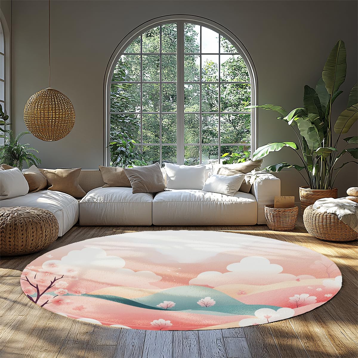 Tapis rond des montagnes et nuages doux | Un nid douillet pour votre bébé