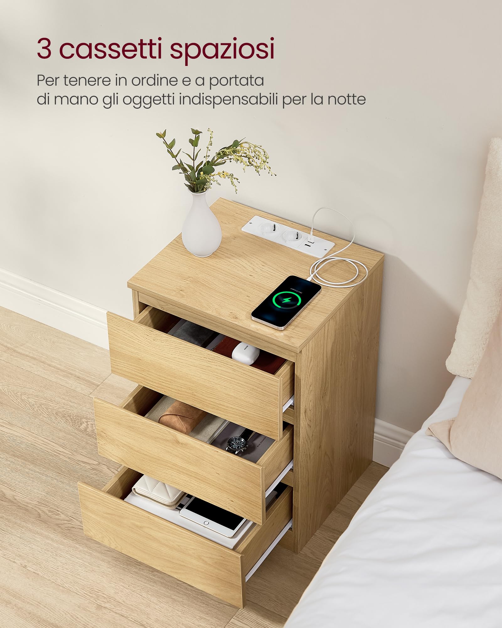 VASAGLE KAILYN Collezione - Comodino con Stazione di Ricarica, con 3 Cassetti, 2 Prese AC 2 Porte USB, per Soggiorno, Camera da Letto, Studio, Giallo Paglierino LET631Y70