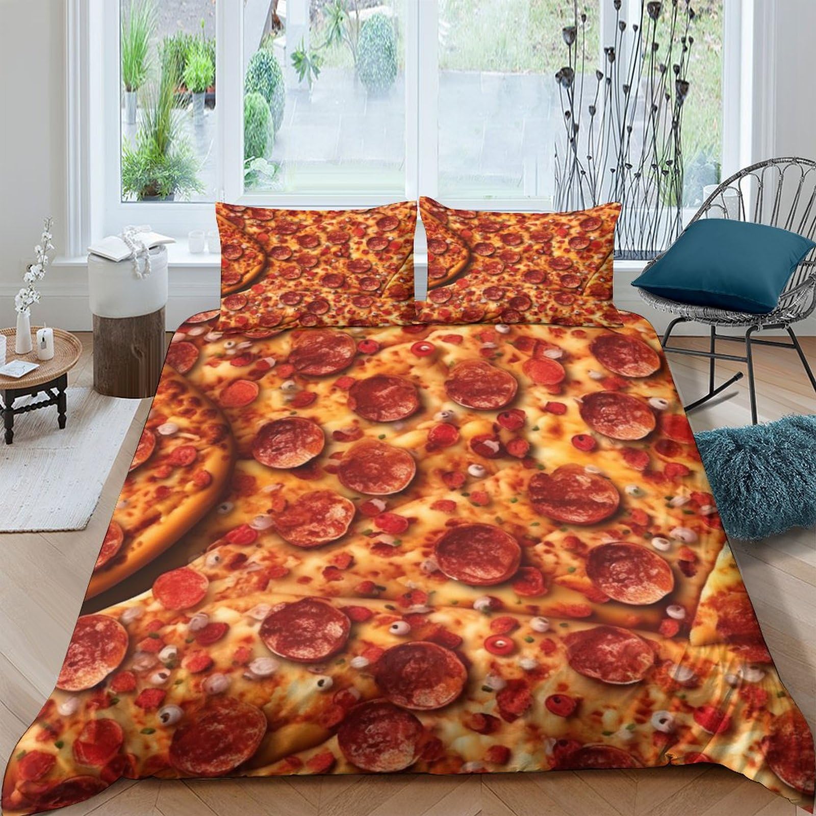 Parure de lit pizza jambon 3D housse de couette microfibre King