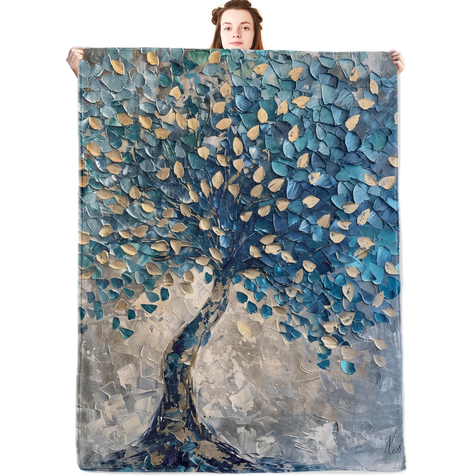 jwyta Tree Flannel Blanket,Abstract Textured Art Throw with Blue and Golden Leaf,Lightweight Fleece Blankets for Nature Lover,Couch,Cabin,Bed,Camping