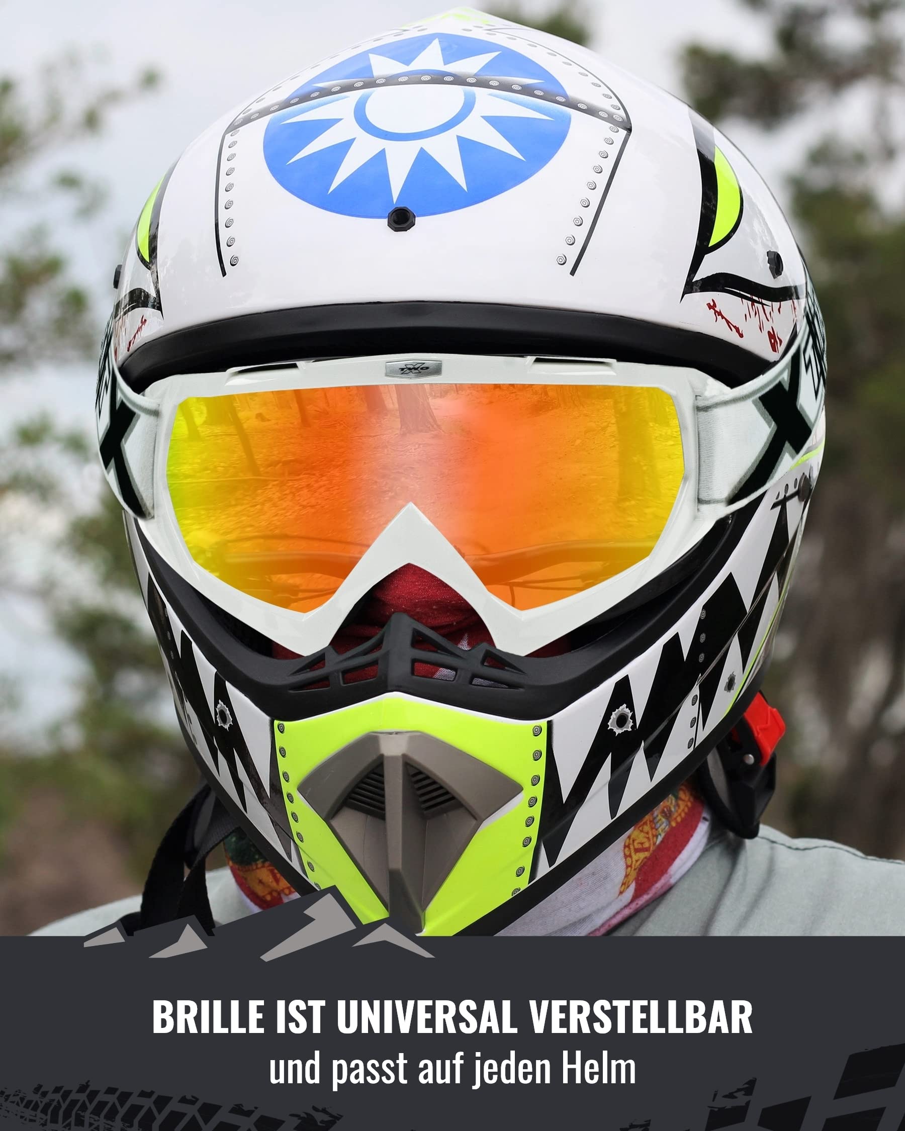 Two-X Race Masque de Cross Iridium Rouge Jaune Effet miroir - Lunettes Motocross Enduro Verre effet miroir Moto Lunettes Anti rayures lunettes de protection pour motocross