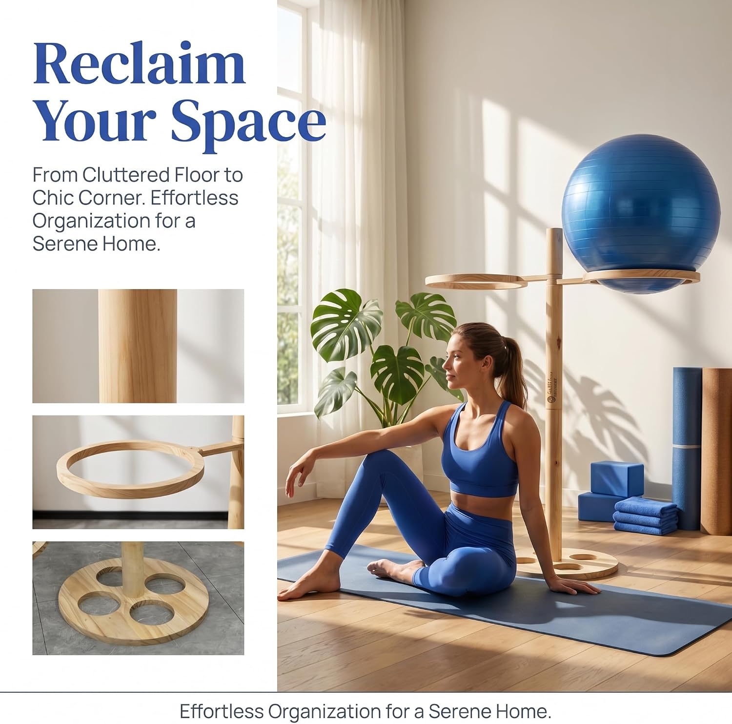 Aidoclip Yoga Ball Holder 4-Ring Exercise Ball Stand Wooden