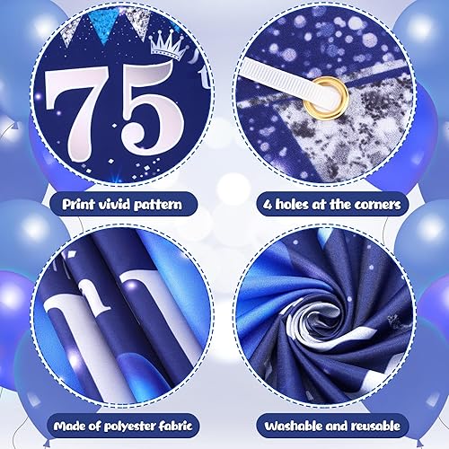Miniatura 5 de RUMIA Decoraciones de 75 cumpleaños azules para hombres y mujeres, cartel de cumpleaños 75 azul marino plateado, globos azules de 75 cumpleaños para