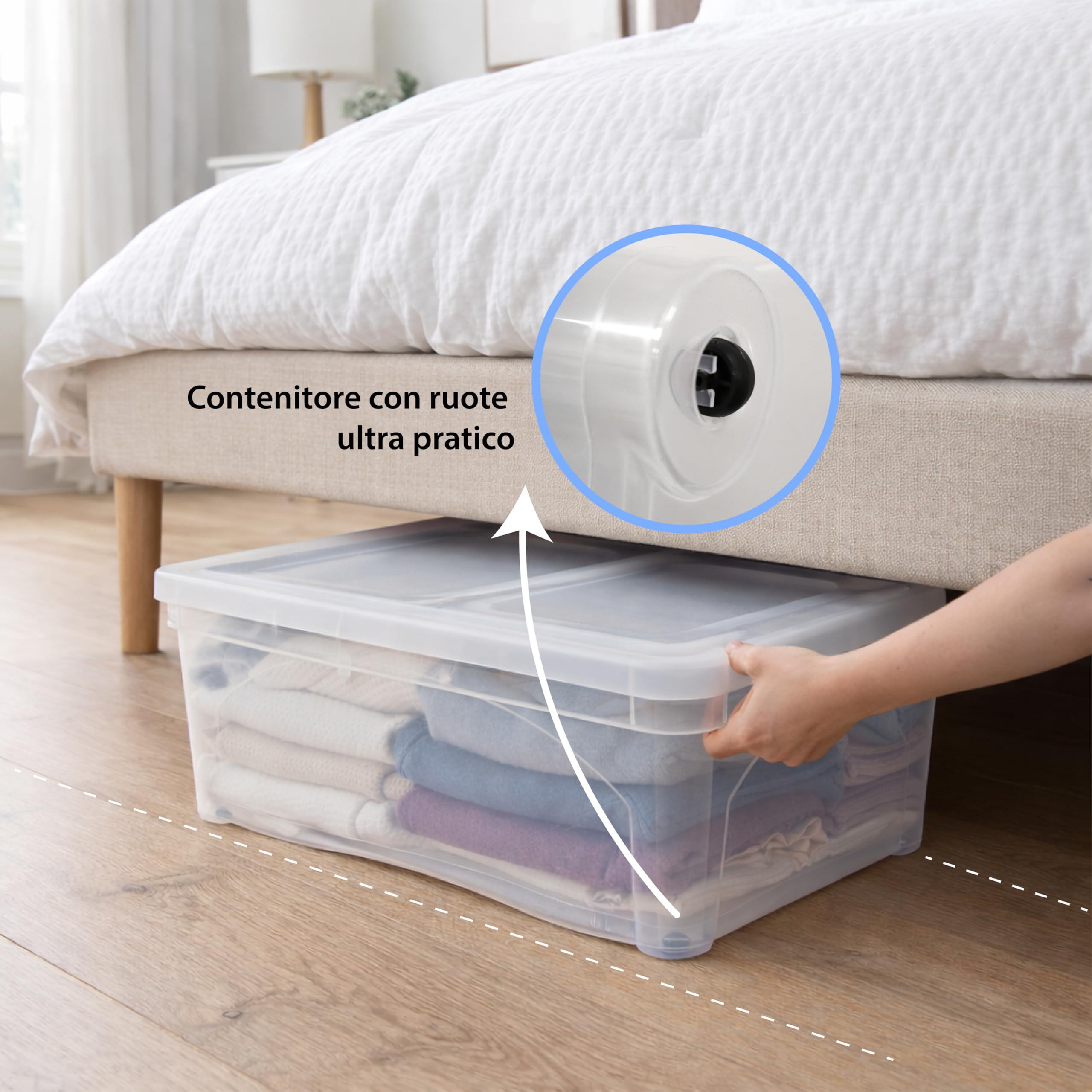 Set 3PZ Contenitore in Plastica Resistente - Trasparente, con Coperchio Bianco, per Vestiti, Portaoggetti, Adatto per Armadi, Garage, Organizer, con Maniglia, Ruote - (60X40X28h CM)